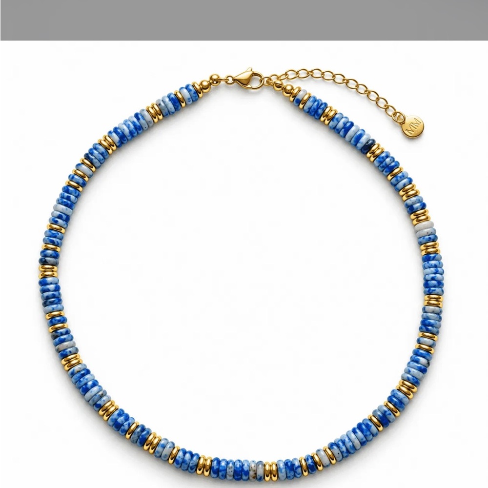 Blue Agate Natural Stone Beaded Necklace with Gold Accents